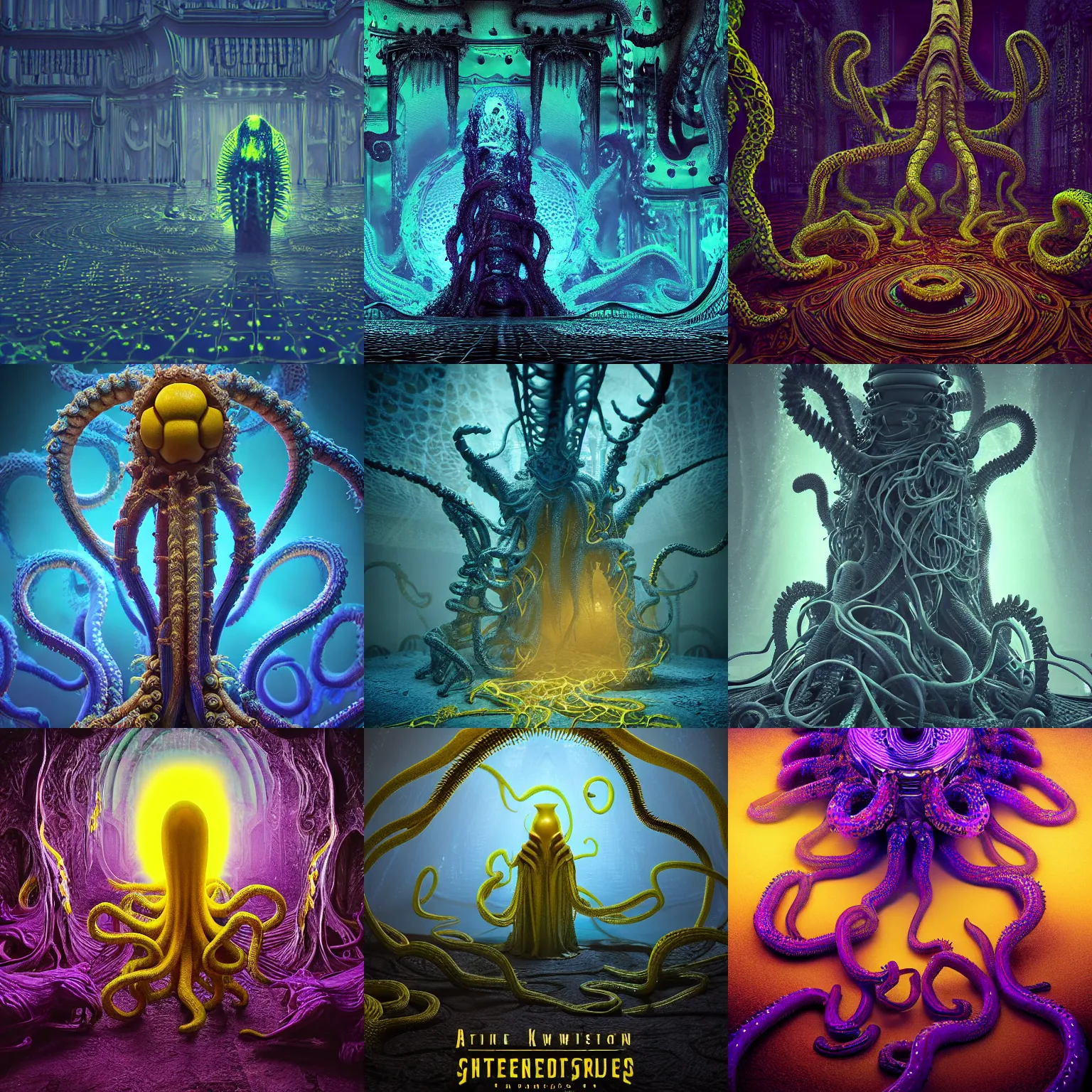 Prompt: terrifying the king in yellow highly detailed tentacles cosmic horror, abstract, ghostly, arcade, duotone, poltergeist, epic lighting, intricate, elegant, highly detailed, smooth, sharp focus, photo real, ultra realistic, unreal engine 5, raytracing, in the style of beeple and mike winkelmann, ultraviolet colors,
