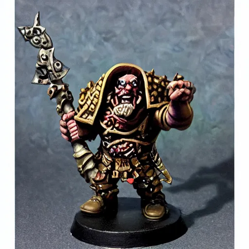 Image similar to chaos dwarf smith in the style of warhammer fantasy : : head and torso oil painting