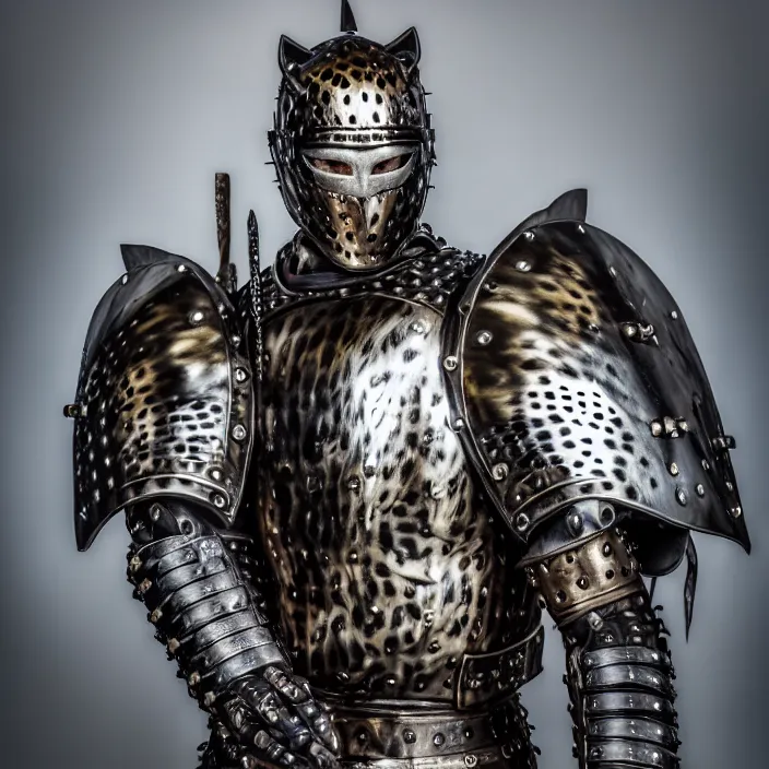 Prompt: portrait photograph of a real-life warrior with metal jaguar armour. Extremely detailed. 8k