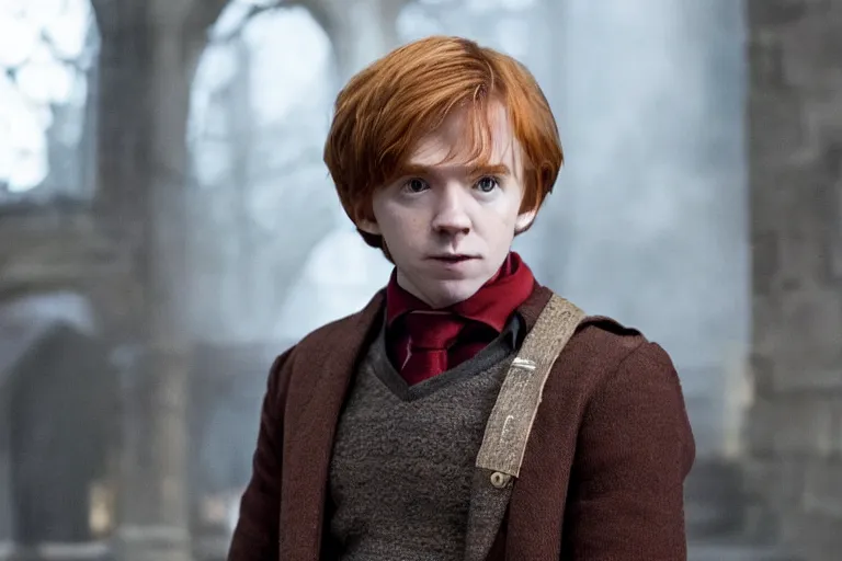 Image similar to film still Freddy Highmore as Ron Weasley wearing hogwarts uniform in Harry Potter movie