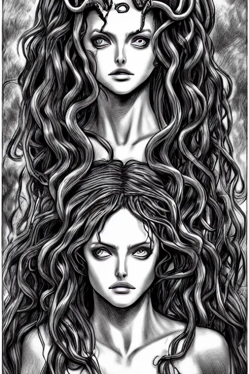 Image similar to beautiful head of medusa from greek mythology in berserk manga, angelina jolie seductive expression, big snakes heads with open mouth, snakes in place of hair, manga drawing, by kentaro miura