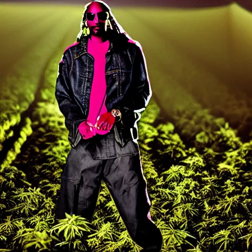 Prompt: Snoop Dogg in a marijuana field, cinematic lighting, award winning photography