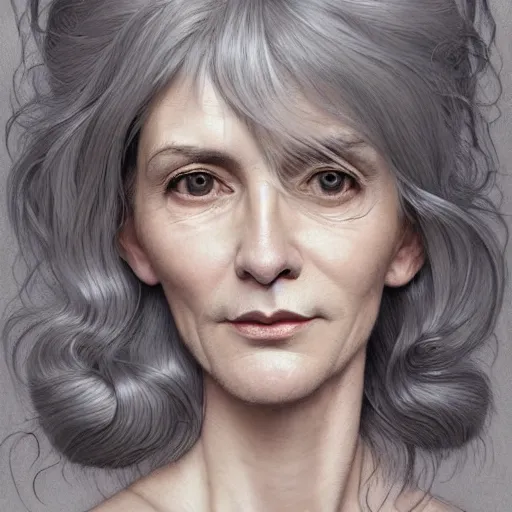 Image similar to portrait of a middle aged artsy woman, grey hair, tattoo, avangarde, unique, artistic soul, nature, plants, wool, upper body, long hair, intricate, elegant, highly detailed, digital painting, artstation, concept art, matte, sharp focus, illustration, art by artgerm and greg rutkowski and alphonse mucha