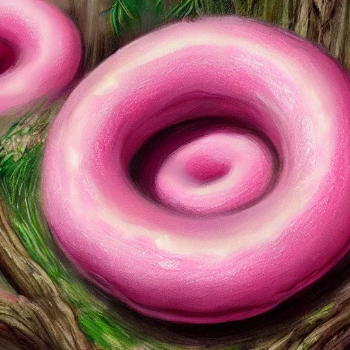 Prompt: Pink donuts growing from a tree branch, photorealistic, intricate, elegant, highly detailed, digital painting, artstation, concept art, smooth, sharp focus, illustration, art by artgerm
