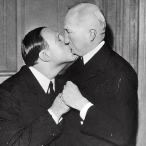 Prompt: Heidegger and hitler kissing romantically