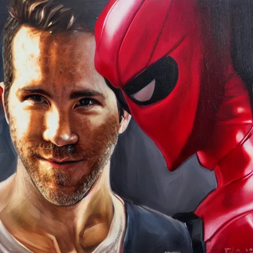 Image similar to a realistic painting by Raffaello Sanzi depicting the Ryan Reynolds with the head of the symbiotic Kamen Rider in the Renaissance,smooth,Sharp focus, trending on Artstation.