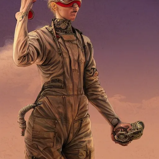 Image similar to tattooed dirty stoic butch heroic emotionless blonde woman engineer in tattered dirty coveralls, very short messy hair, victorian goggles, back pose, crossing primitive hostile alien desert, clouds of red dust, highly detailed, digital painting, artstation, concept art, matte, sharp focus, illustration, art by moebius and artgerm and greg rutkowski