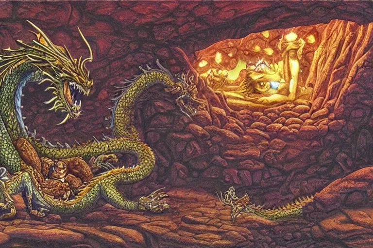 Image similar to dragon sleeping on gold and gems in a big cavern, by Larry Elmore, masterpiece, stunning
