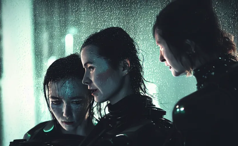 Image similar to cinestill 5 0 d candid photographic portrait by ridley scott of two loving female androids sobbing wearing rugged black mesh techwear in treacherous waters, flooded city, medium closeup, retrofuturism cyberpunk moody emotional cinematic, pouring iridescent rain bright spotlight helicopter, 8 k, hd, high resolution, 3 5 mm, f / 3 2, ultra realistic faces, ex machina