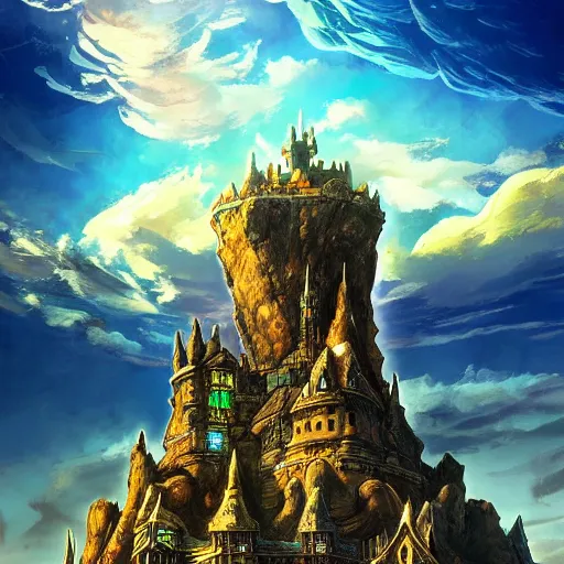 Prompt: An imposing and highly ornamented fantasy castle, Carved from Sapphire stone, Atmosphere, Dramatic lighting, Beautiful Landscape, Epic composition, Wide angle, by Miyazaki, Nausicaa Ghibli, Breath of The Wild
