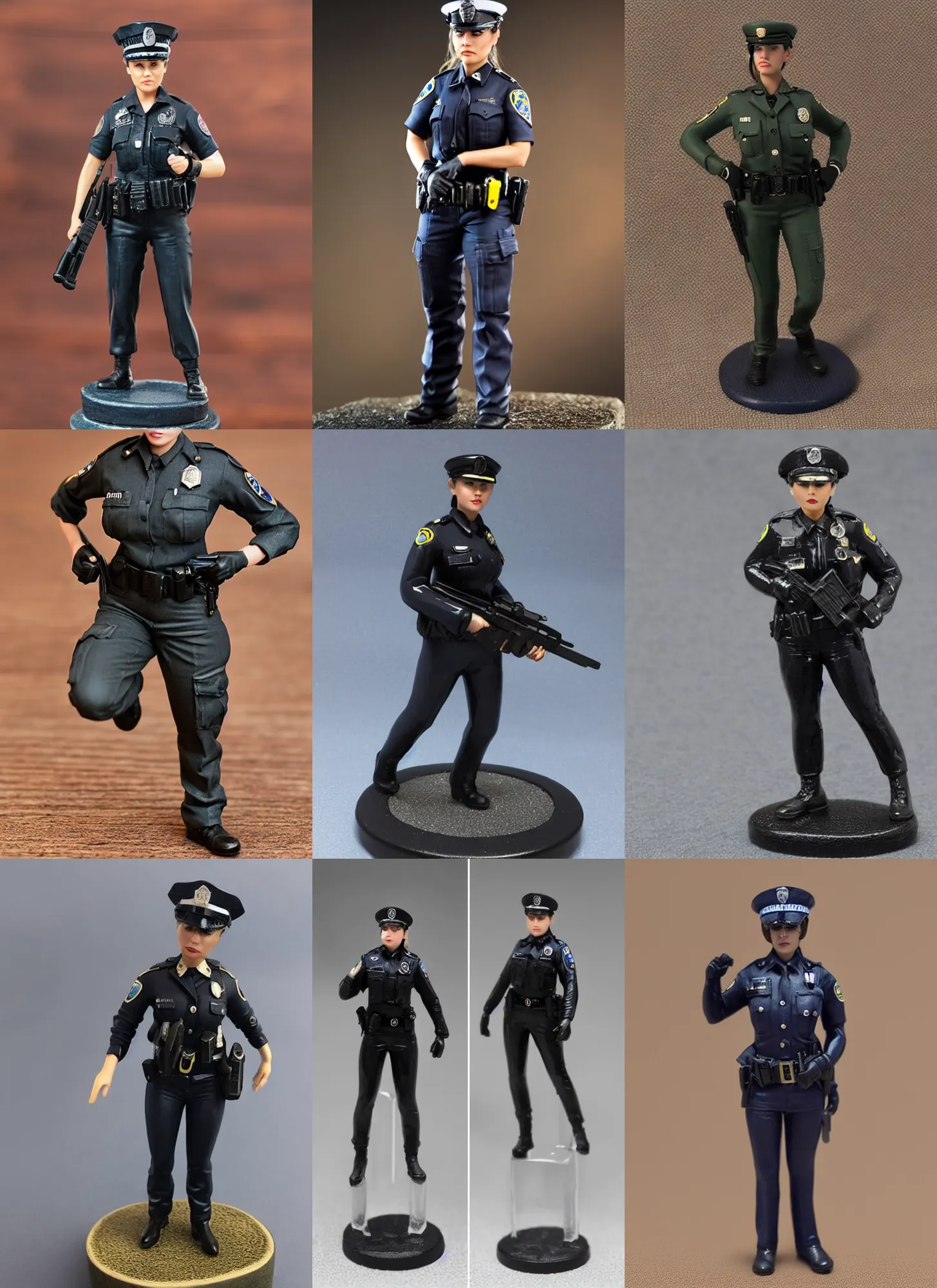 Prompt: 80mm resin detailed miniature of a female cop, full body, hair, shoes, police cap, Logo, textured base; Product Introduction Photos, 4K, view from front
