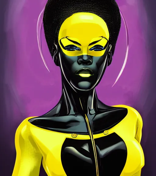 Image similar to a digital painting of a black female android with futuristic hair and yellow make-up, a comic book panel by Craig Thompson, behance contest winner, afrofuturism, marvel comics, official art, artstation hq