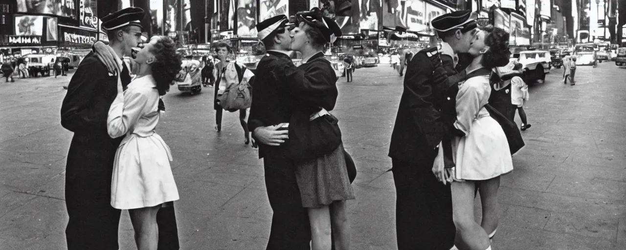 Image similar to alfred eisenstaedt's photograph of spaghetti and an american sailor kissing a woman in times square, 1 9 4 5, canon 5 0 mm, kodachrome, retro