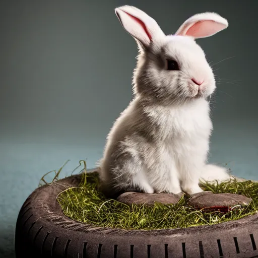 Image similar to a cute easter bunny sitting on a tire, studio photo, high quality