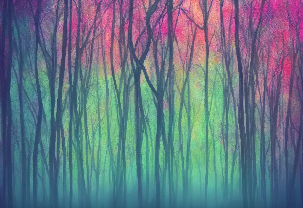 Image similar to conceptual art of an unseen forest, very colorful and magical surrounded by a wall made of fog