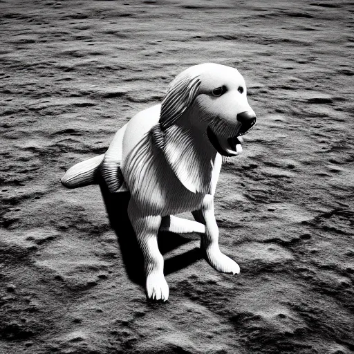 Image similar to a golden retriever dog on the surface of the moon, 3 d render, dramatic, photorealistic