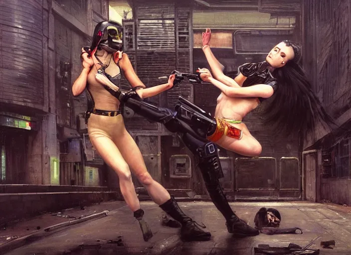Prompt: Sophia evades sgt Griggs. Cyberpunk karate lady escaping Menacing Cyberpunk police trooper griggs. (dystopian, police state, Cyberpunk 2077, bladerunner 2049). Iranian orientalist portrait by john william waterhouse and Edwin Longsden Long and Theodore Ralli and Nasreddine Dinet, oil on canvas. Cinematic, vivid colors, hyper realism, realistic proportions, dramatic lighting, high detail 4k