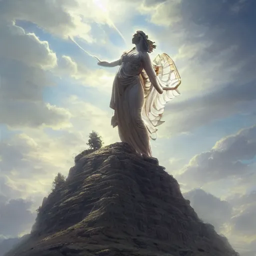 Image similar to Beautiful cinematic scene of a gigantic marble statue of a goddess on top of a mountain, epic, megalophobia, cinematic lighting, insanely detailed, painting by Greg Rutkowski, Artstation