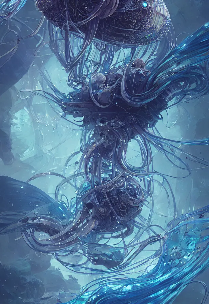 Image similar to Panorama hyper detailed painting of a cyberpunk jellyfish, blue tones, underwater, 8 mm, highly detailed, digital painting, artstation, concept art, smooth, sharp focus, illustration, art by artgerm and greg rutkowski and alphonse mucha