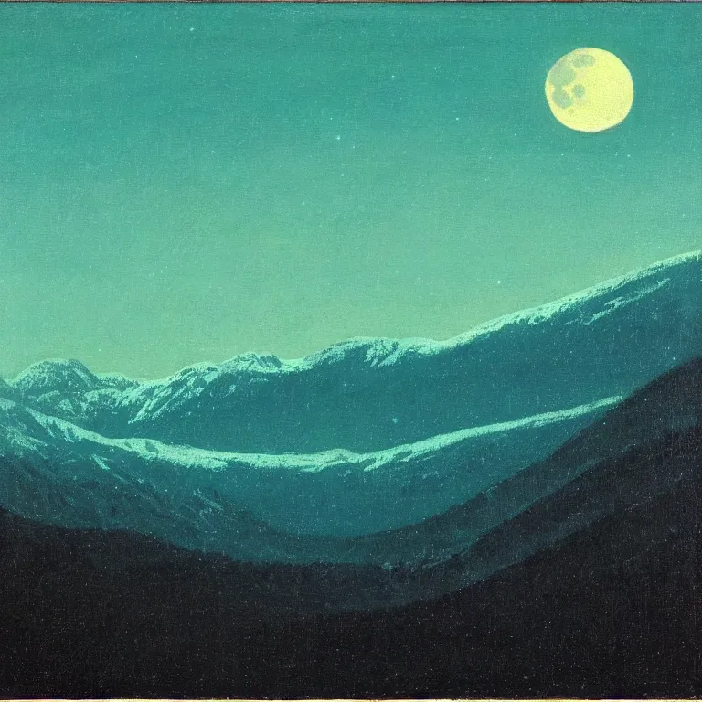 Image similar to new hampshire, mountains, winter, night, moon light, luminous, teal palette, arkhip kuindzhi, glaze oil painting