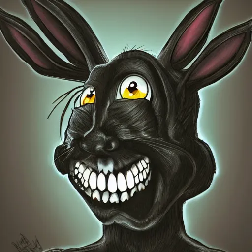 Image similar to A extremely highly detailed majestic hi-res beautiful, highly detailed head and shoulders portrait of a scary terrifying, horrifying, creepy black cartoon rabbit with scary big eyes, earing a shirt laughing, hey buddy, let's be friends, in the style of Walt Disney