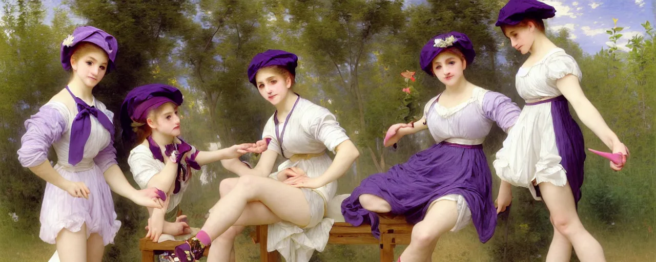 Image similar to A character sheet of full body cute magical girls with short blond hair wearing an oversized purple Beret, Baggy Purple overall shorts, Short Puffy pants made of silk, pointy jester shoes, a big billowy scarf, Golden Ribbon, and white leggings Covered in stars. Short Hair. Sunlit. Haute Couture. Art by william-adolphe bouguereau and Paul Delaroche and Alexandre Cabanel and Lawrence Alma-Tadema and Johannes Helgeson and WLOP. Smooth. Elegant. Highly Detailed. Intricate. 4K. UHD. Denoise.