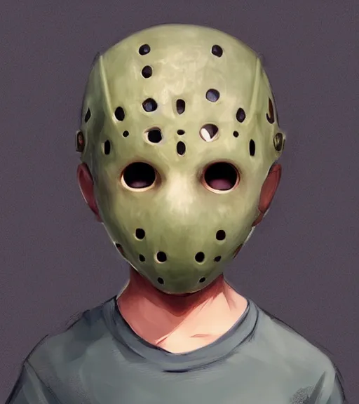 Image similar to beautiful little boy anime character inspired by jason voorhees, art by rossdraws, wlop, ilya kuvshinov, artgem lau, sakimichan and makoto shinkai, concept art, anatomically correct, extremely coherent, realistic, mask, smooth, hd, 8 0 s haircut