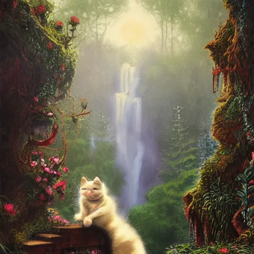 Image similar to painting of one kitten in the enchanted forest standing on the steps and watching the waterfall, fantasy, intricate, extremely detailed, matte, featured in artstation, art by louis wain, greg rutkowski