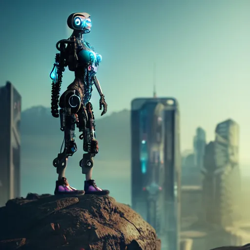 Prompt: old cyborg woman standing on a rock overlooking the cyberpunk future, high detailed, super high resolution, realistic, concept art, artistic, octane render, masterpiece fine details