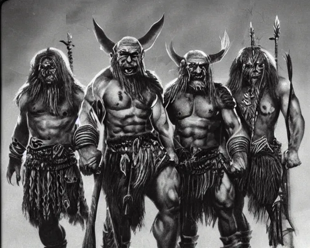 Image similar to group vintage photograph of a real fantasy warrior orc tribe, tall, muscular, armored, tribal paint, highly detailed