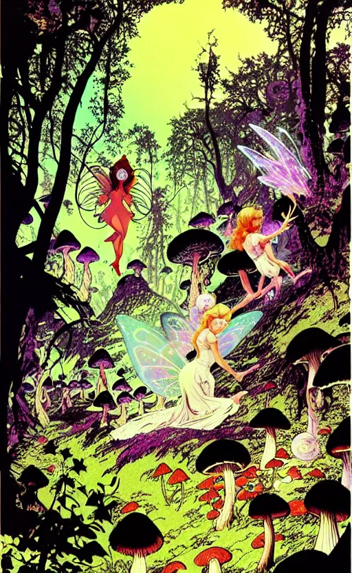 Prompt: stars in the sky, fairies with detailed faces, enchanted forest, mushrooms on the ground, psychedelic, wide angle shot, white background, vector art, illustration by frank frazetta