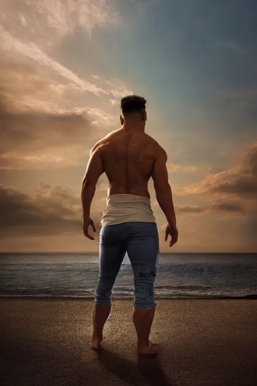 Image similar to a very muscular and defined man wearing ripped pants and shirt looking to the sea at sunset, godrays, complementary colors, natural lighting, portait image, path tracing, serene landscape, high quality, highly detailed, 8K, soft colors, warm colors, turbulent sea, high coherence, anatomically correct, hyperrealistic, concept art, defined face, five fingers, looking to the camera