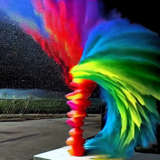 Prompt: Rainbow tornado made of glass realistic