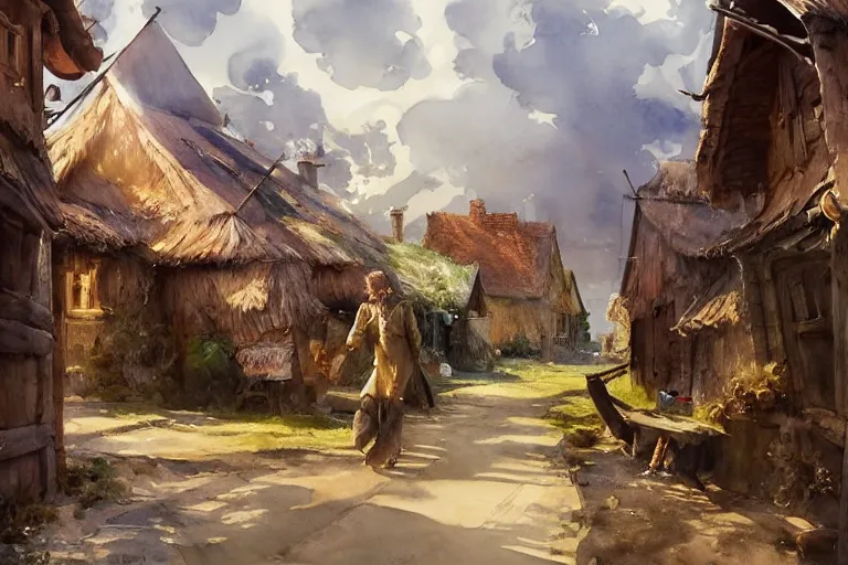 Prompt: watercolor painting of rustic village street, straw roof, scandinavian mythology, ambient lighting, art by hans dahl, by jesper ejsing, art by anders zorn, wonderful masterpiece by greg rutkowski, cinematic light, american romanticism by greg manchess, creation by tyler edlin