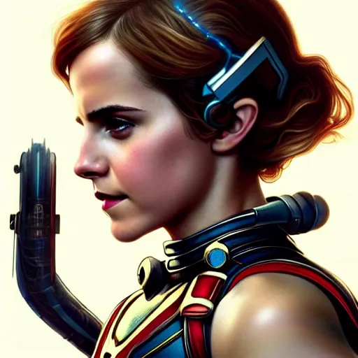 Prompt: beautiful Emma Watson as Ant-Man with lightning bolt headset, western, closeup, D&D, fantasy, intricate, elegant, highly detailed, digital painting, artstation, concept art, matte, sharp focus, illustration, art by Artgerm and Greg Rutkowski and Alphonse Mucha