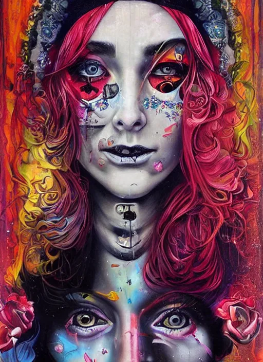 Image similar to gorgeous magic cult psychic woman smiling, third eye, subjective consciousness psychedelic, epic surrealism expressionism symbolism, story telling, iconic, dark robed, oil painting, symmetrical face, dark myth mythos, by Sandra Chevrier, Harumi Hironaka masterpiece