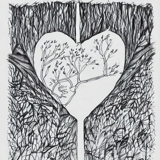 Prompt: heart of the forest, sketch, illustration, cross hatched, black ink on white paper