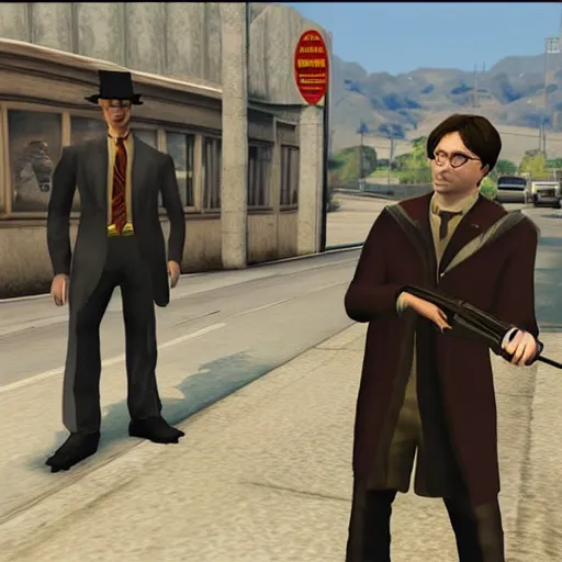 Prompt: harry potter robbing a bank, holding rifle in style of gta v grand theft auto