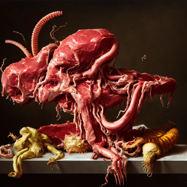 Prompt: still life of rotten meat flesh, white xenomorph, beautiful tropical flowers, human spine, colorful mold, baroque painting, beautiful detailed intricate insanely detailed octane render, 8K artistic photography, photorealistic, chiaroscuro, Raphael, Caravaggio