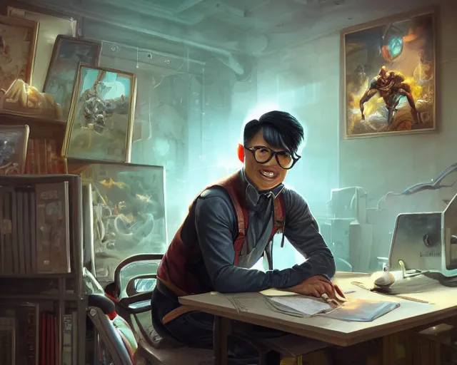 Image similar to an insanely detailed painting of a nerdy asian man wearing a superhero costume, sitting at a desk, staring at the nervously at the computer and typing, in the style of peter mohrbacher, dramatic lighting and composition, surreal background, octane render, pixar, trending on artstation, concept art, comic book, view from behind