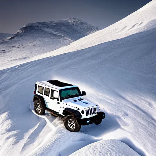 Image similar to white jeep wrangler driving up steep snowy mountain on edge of a cornice, high quality digital art, dramatic lighting, cinematic