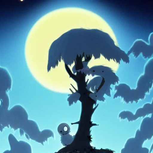 Image similar to ghost creature sitting on the tree in the night made by studio ghibli, detailed, high quality, 8 k, smooth