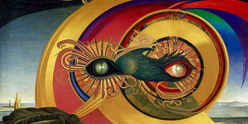 Prompt: painting of rainbow ophanim surrounded by large diagonally rotating rings, ophanim has bird wings, giant eyeball in the middle of the ophanim, by roberto. by ferri, sandro botticelli, by caravaggio, by alexandre cabanel, by george clark stanton, amazing details, mythological, biblical, beautiful composition