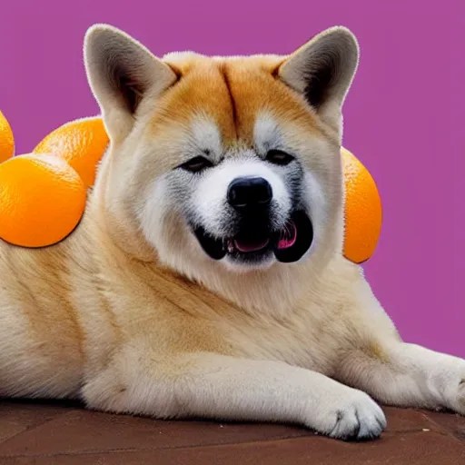 Prompt: photo of an akita inu made out of oranges