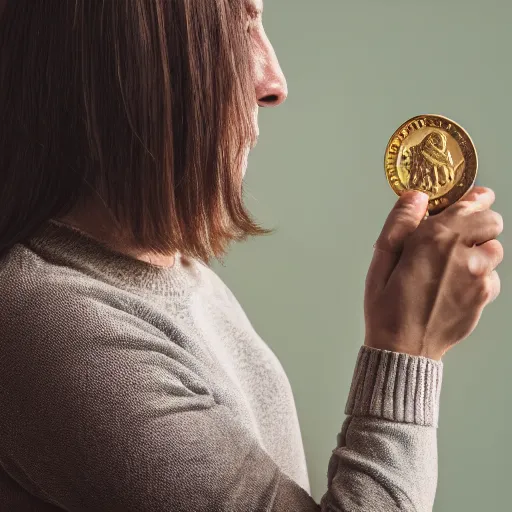 Prompt: woman looking at gold coin, worried, bokeh, portrait photograph