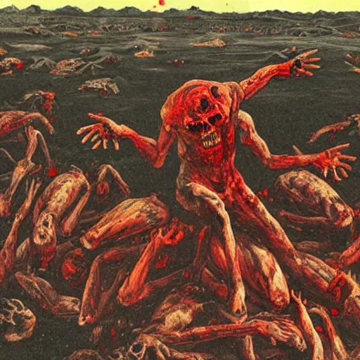 Image similar to demon eating man flesh on a huge pile of dead bloody bodies, rivers of blood running down, black ground, black sky, red sun