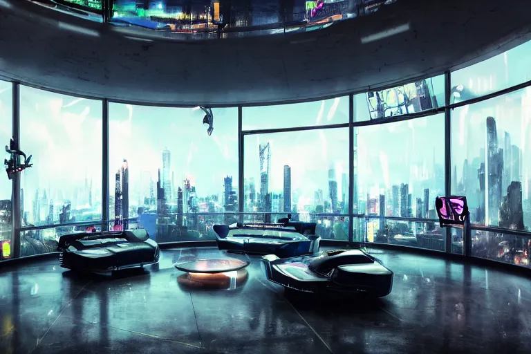 Prompt: a futuristic living room with large curved ceiling high windows looking out to a far future cyberpunk cityscape, flying vehicles and robots passing by outside, night time, cyberpunk neon lights, raining