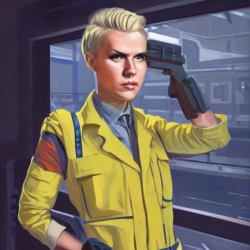 Image similar to character concept art of heroic stoic emotionless butch blond handsome woman engineer with very short slicked - back butch hair, narrow eyes, wearing atompunk jumpsuit, orange safety vest, retrofuture, highly detailed, science fiction, illustration, oil painting, realistic, lifelike, pulp sci fi, cinematic