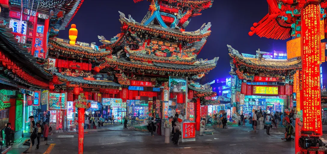 Image similar to ancient chinese cyberpunk shrine, photograph, ultra wide angle, sharp focus, intricate detail, drone shot, high resolution, 8 k, neon streetlights, holographic advertising board hanging everywhere, vivid color