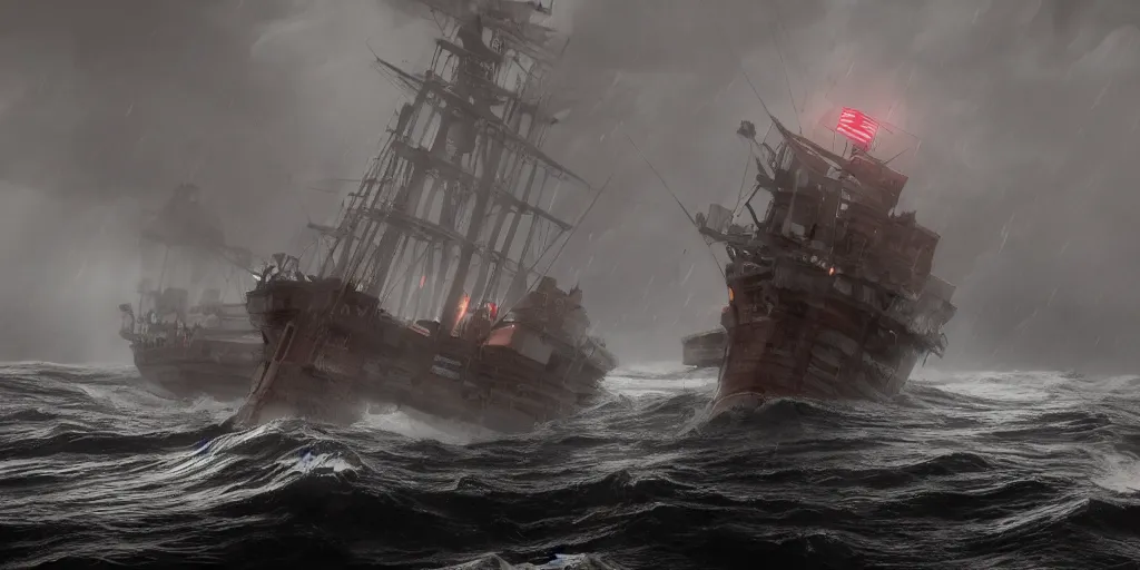 Image similar to a wooden big ship in the middle of the sea during a storm, turbulent sea, high coherence, highly detailed, high quality, 8 k, dramatic lighting, cinematic, epic scene, path traced, hyperrealistic, concept art, octane render, unreal engine 5, trending on artstation, a red cross in the ship flag, high contrast